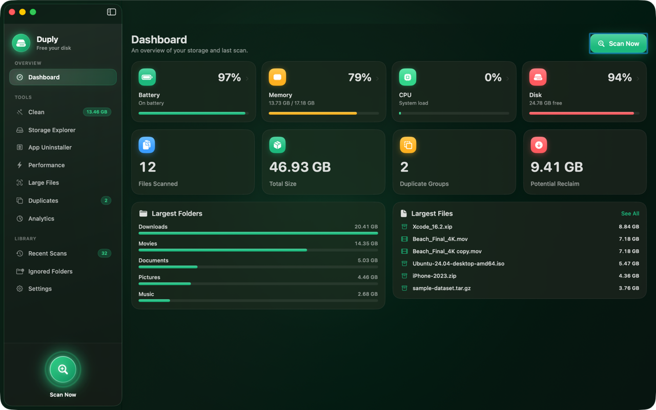 Duply dashboard showing reclaimable caches, junk and large files on a Mac before cleaning