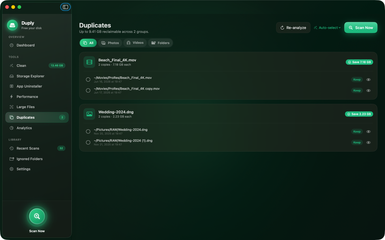Duply duplicate finder grouping identical files and showing how much space you can save