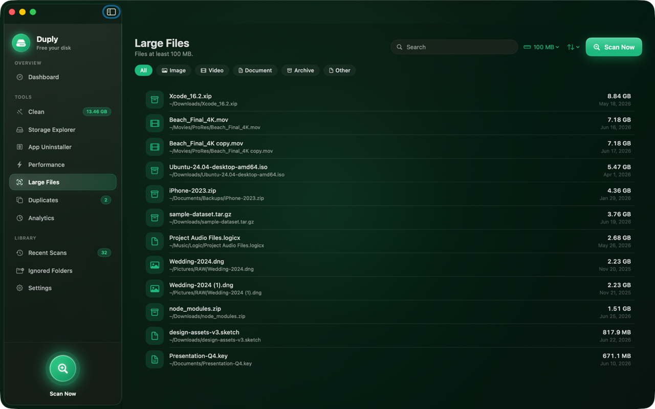 Duply large files view listing the biggest files on a Mac, sorted by size