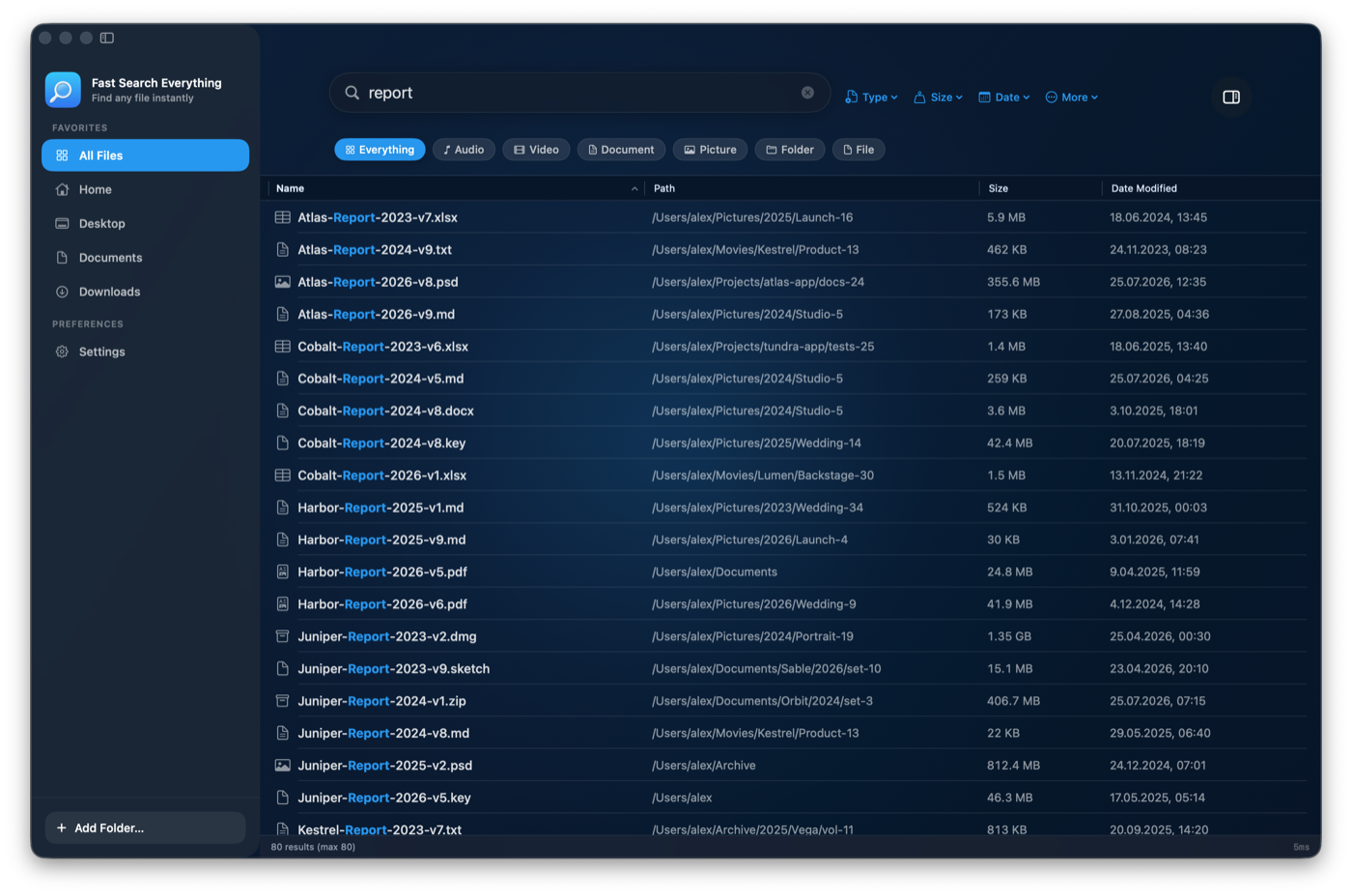 Fast Search Everything showing instant file search on a Mac