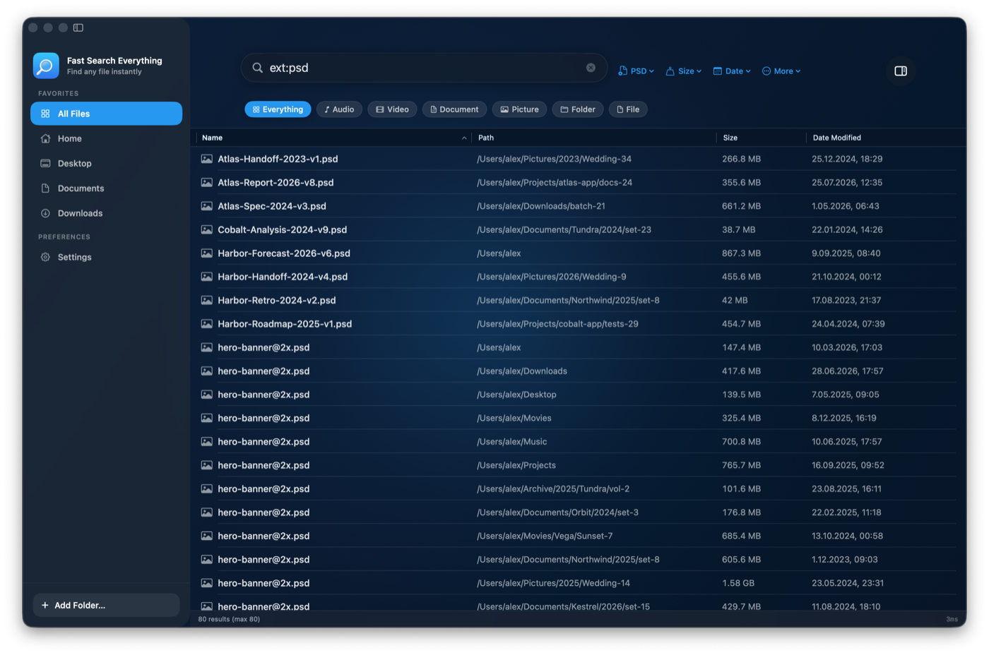 Filter menus for file type, size, and date in Fast Search Everything
